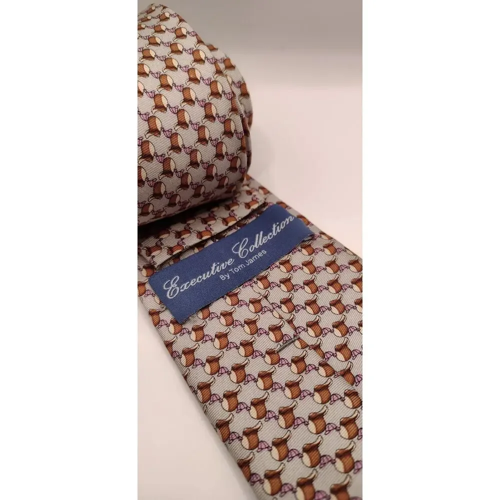 Tom James Executive Collection Men’s Silk Tie Brown Purple Print Necktie